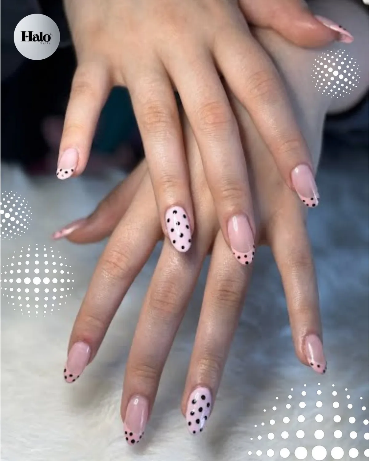 Blush pink with black polka dot French art, finished with our dotted halo.